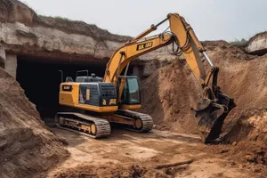 Yellow Excavator on Construction Site Digging Earth