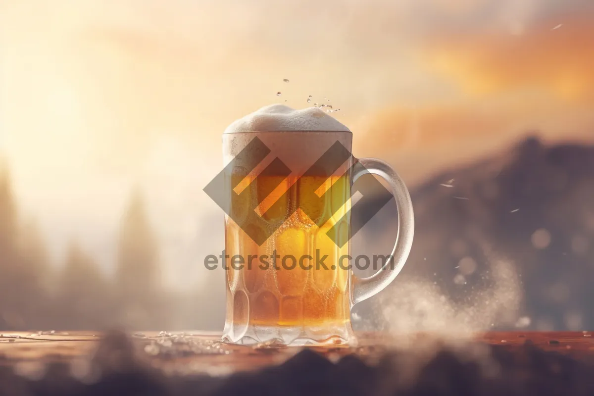 Picture of Golden beer glass with frothy bubbles at party.