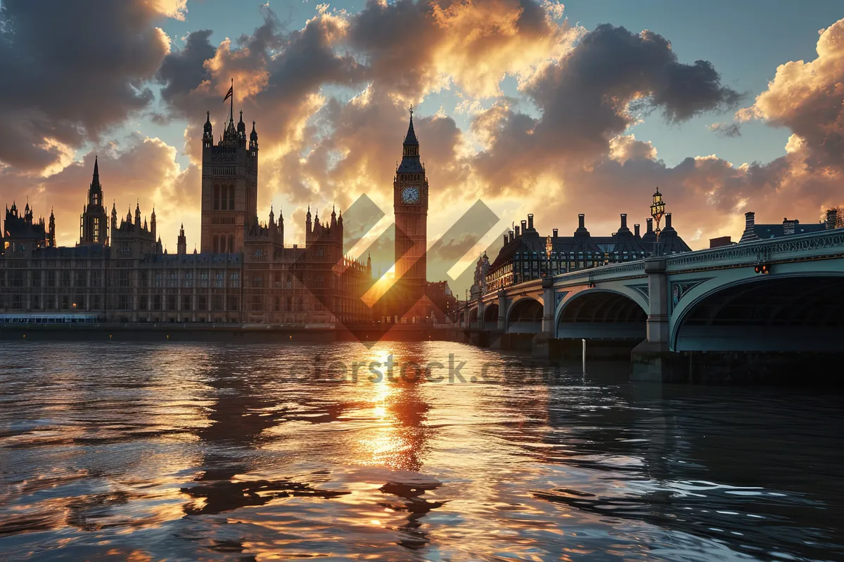 Picture of London skyline at night with river reflection