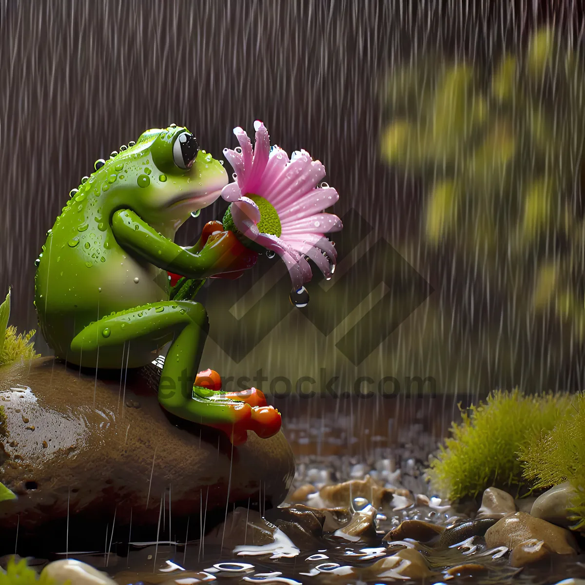 Picture of Green Frog Holding a Pink Daisy