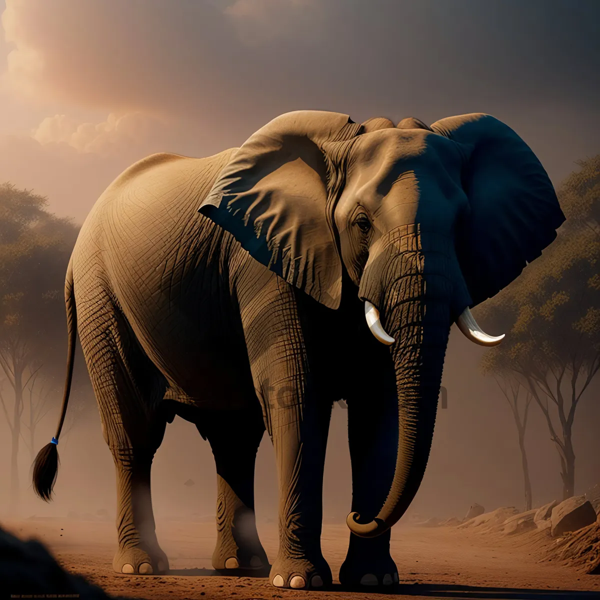 Picture of Majestic tusker gracefully roaming the savanna at sunset.