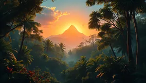 Exotic sunset silhouette on tropical beach landscape.