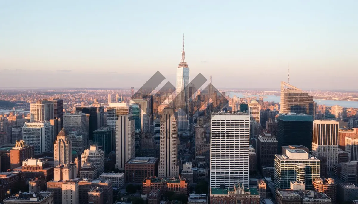 Picture of Modern business district skyline at dusk overlooking river.