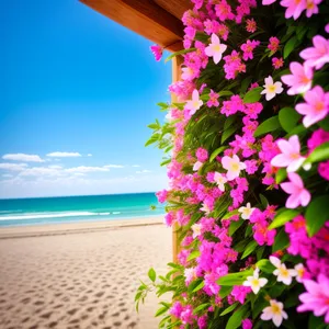 Serene Tropical Beachscape with Pink Flowers and Blue Waves