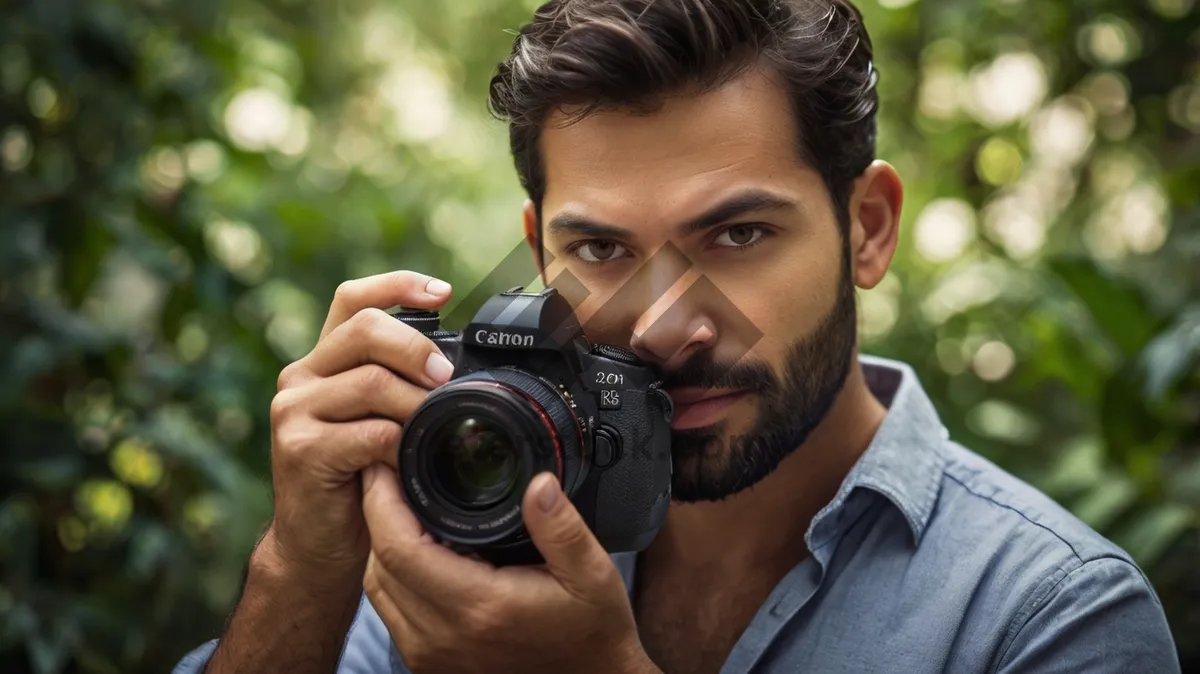 Picture of Male photographer holding camera with lens cap in studio.