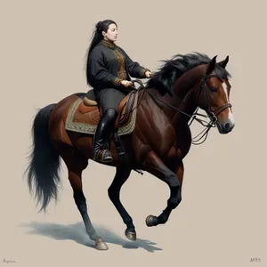 Brown Thoroughbred Stallion with Bridle and Saddle