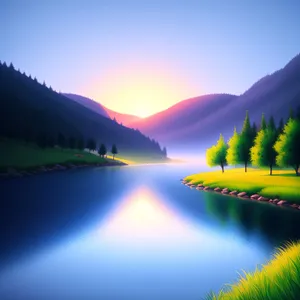 Sunset over a serene lakeside landscape