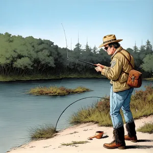 Man Fishing at Summer Lake with Rod and Reel