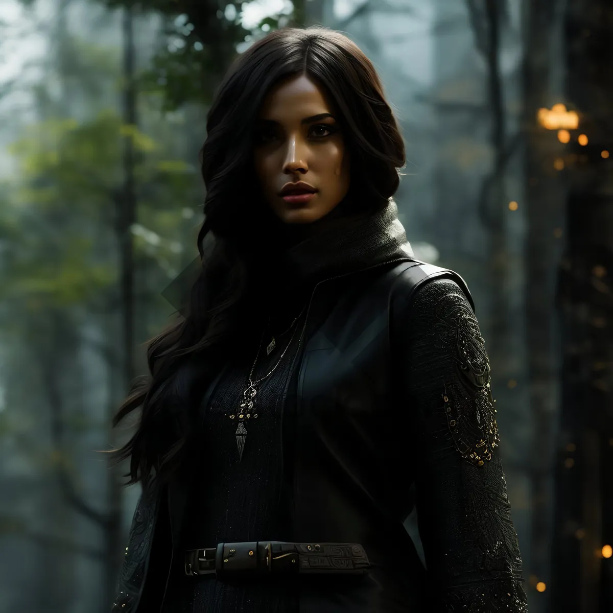 Picture of Attractive brunette model in black outdoor coat smiling