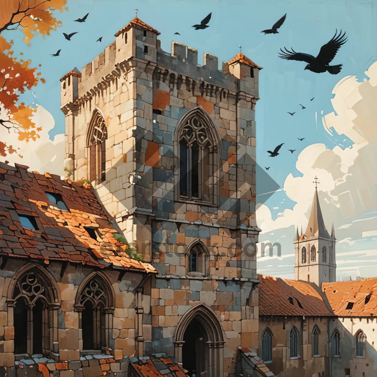 Picture of Historic cathedral and tower in city skyline.