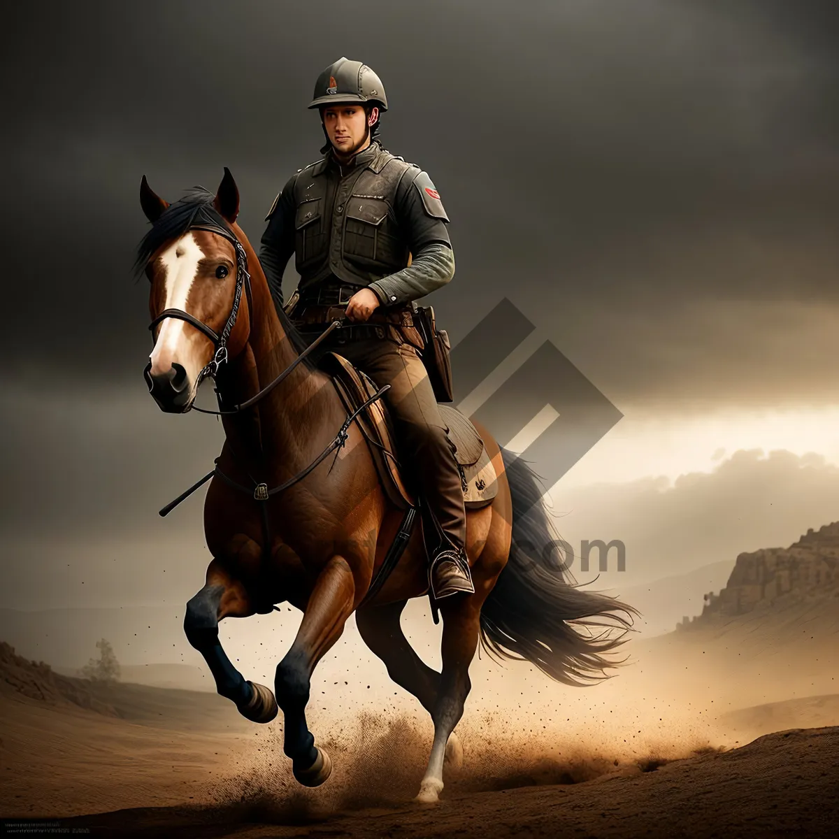 Picture of Equestrian rider on horseback with saddle and bridle.