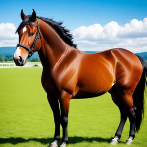 Thoroughbred Stallion Running in Rural Meadow.