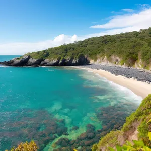 Sunny Beachscape: Tropical Waves and Rocky Shore