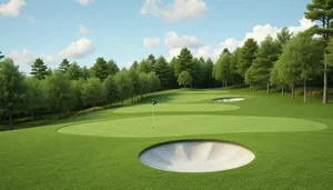 Golfer hitting ball on scenic golf course fairway.