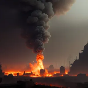 Fiery Sunset Sky with Billowing Smoke - A Powerful, Hot, and Polluted Landscape