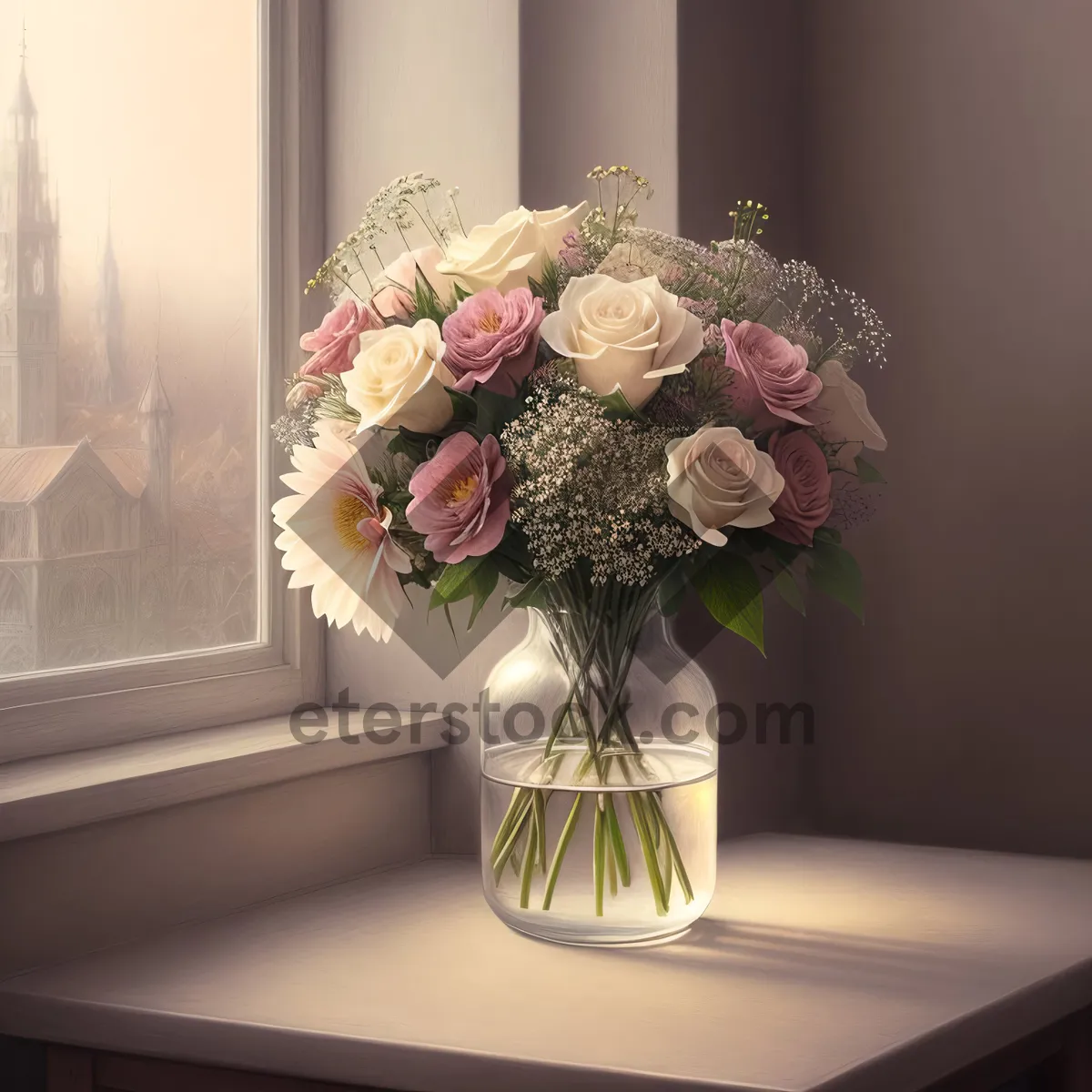 Picture of Pink Rose Bouquet in Bridal Vase with Lampshade