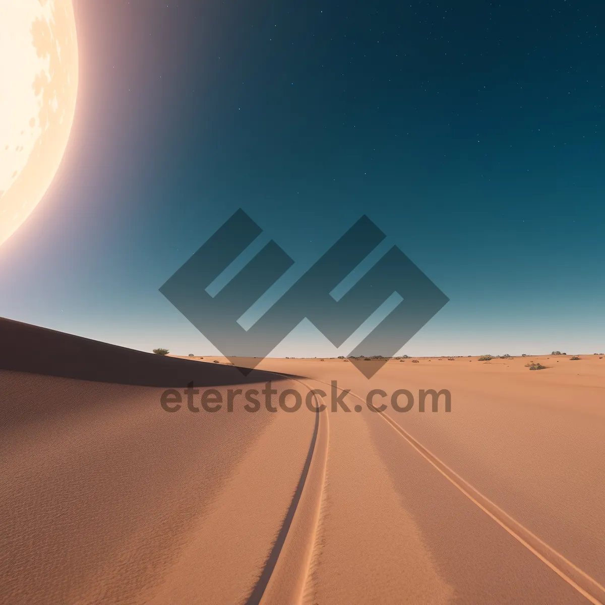 Picture of Sunset Drive through Desert Expanse: Tranquil Road with Vast Sand Dunes