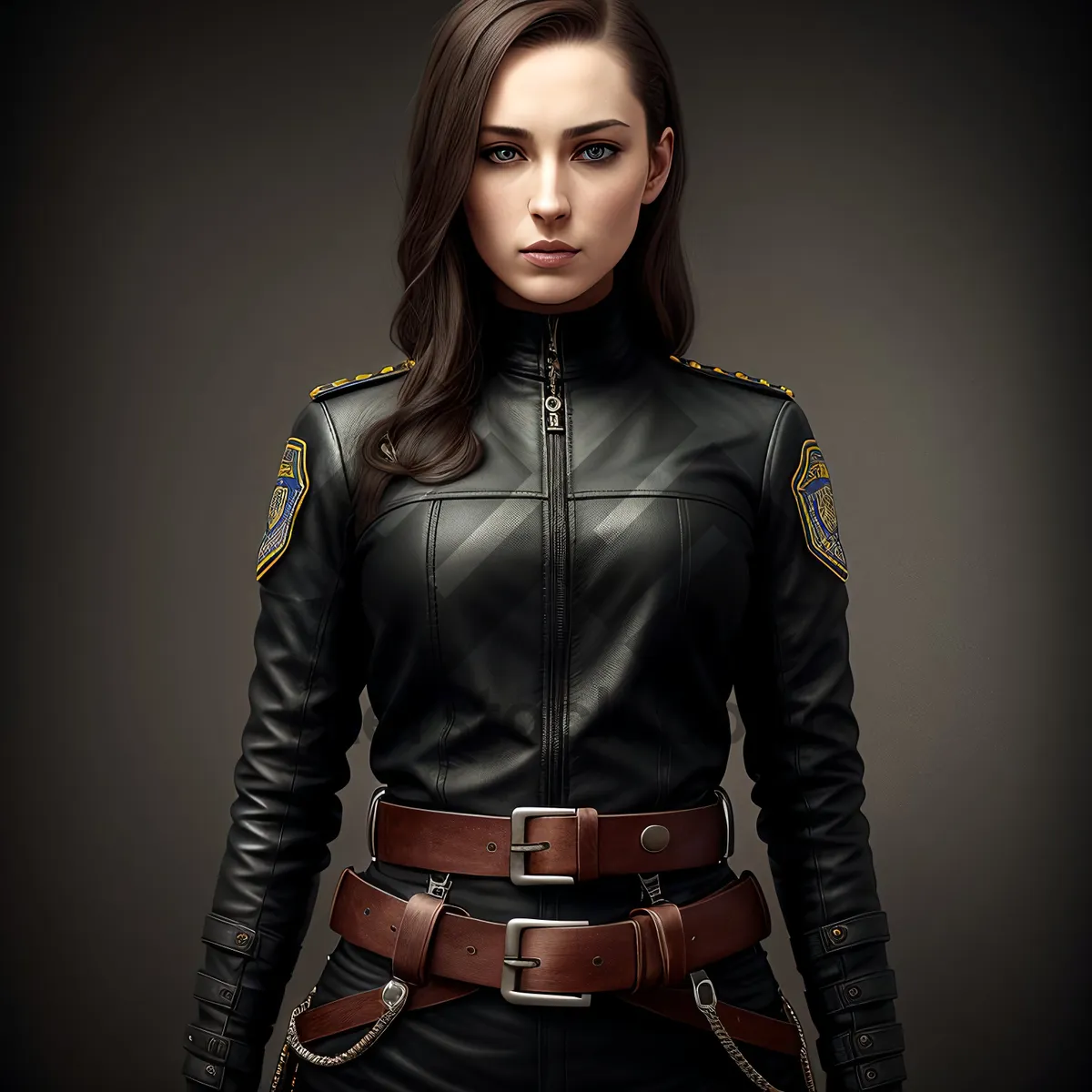 Picture of Elegant brunette woman posing stylishly in black leather jacket