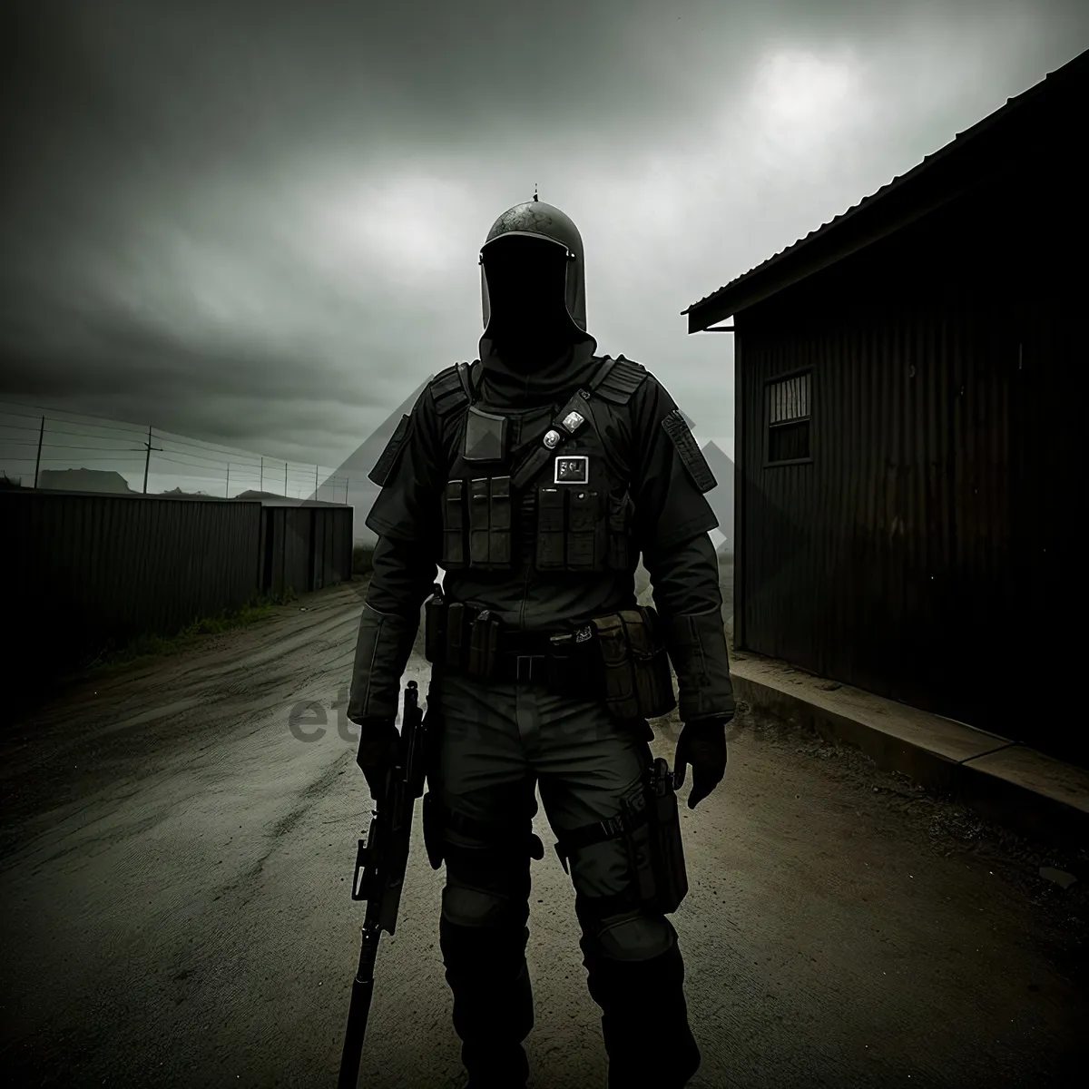 Picture of Soldier in Full Military Armor and Helmet