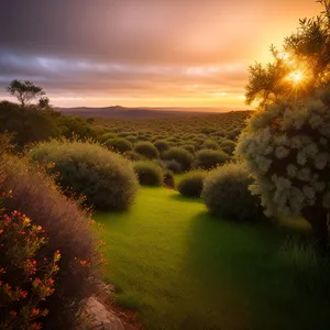 Golden Sunset Over Rural Meadow with Woody Plants