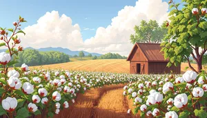 Rural house with tulip garden under blue sky