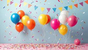 Colorful birthday party decorations with balloons and ribbons.