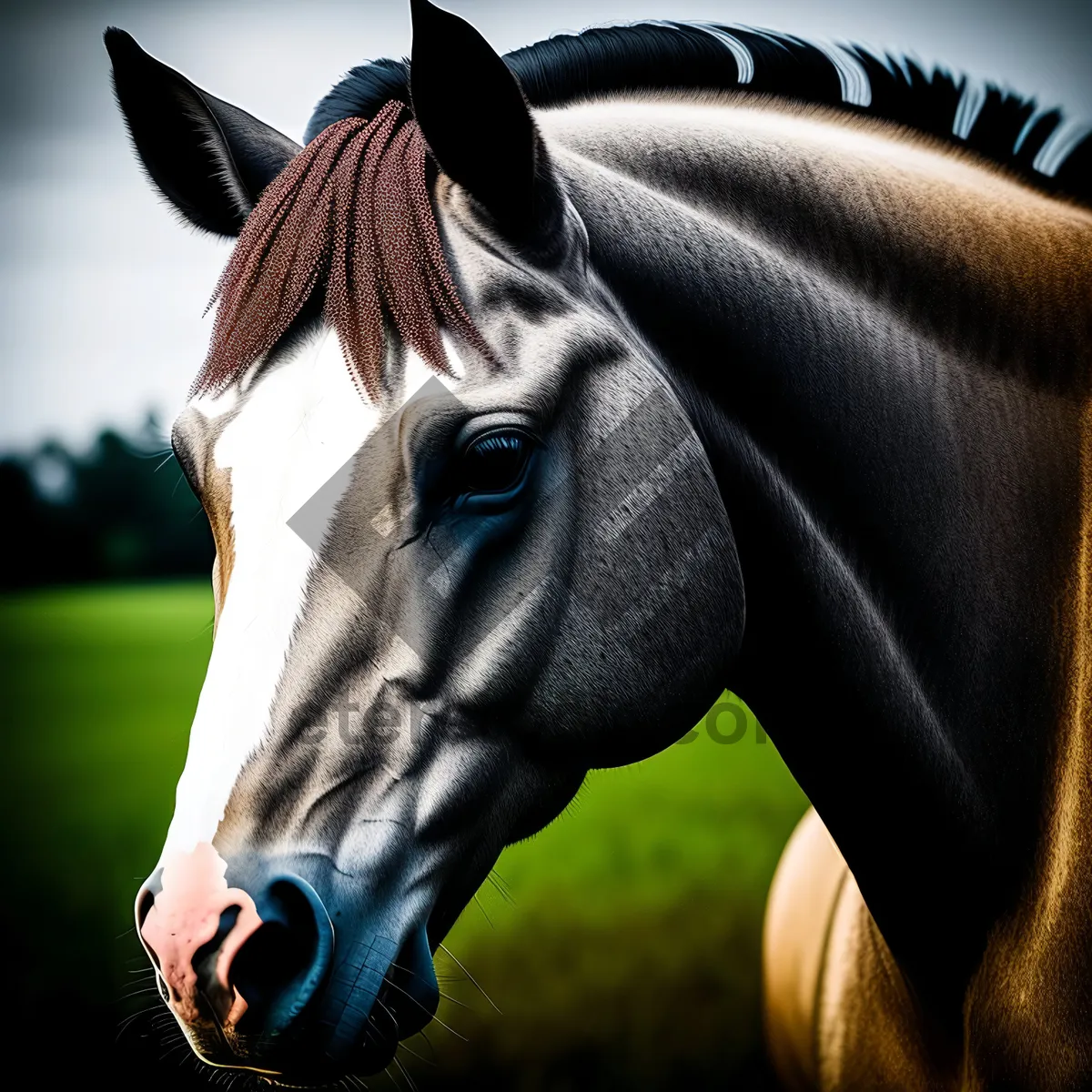 Picture of Majestic Thoroughbred horse wearing brown bridle.