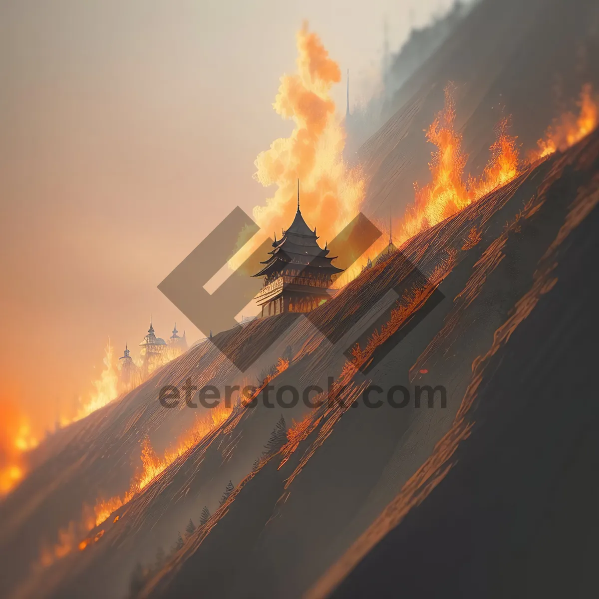 Picture of Fiery Mountain Landscape Engulfed in Smoke