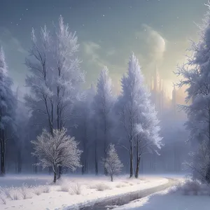 Winter Wonderland: Snowy Forest Landscape Under Frosty Sky
