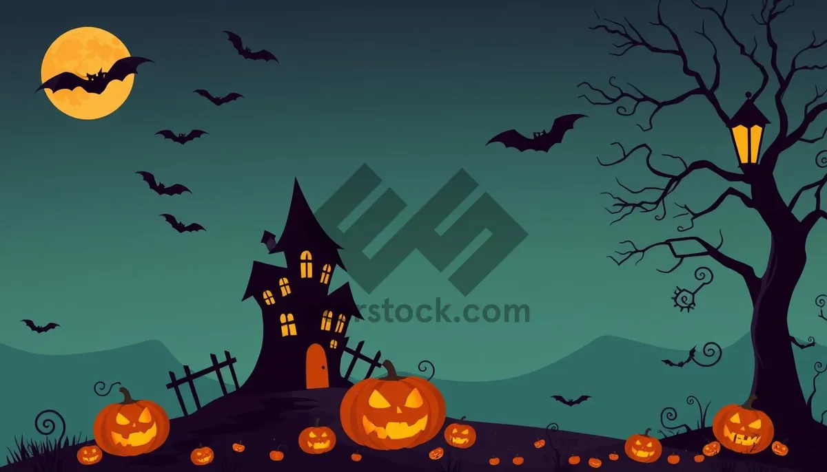 Picture of Silhouette of moonlit cemetery with pumpkins and stars.
