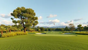 Sunny golf course with rapeseed fields and flag