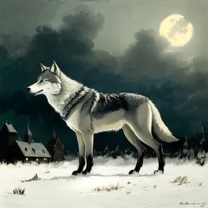 Wild Winter Canine: Majestic White Wolf in a Snowy Moonlit Landscape