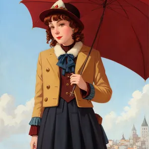 Smiling Model with Raincoat and Umbrella Shelter