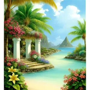 Idyllic tropical beach getaway with palm trees.