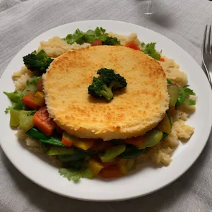 Gourmet meal with cheese, vegetables, and sauce