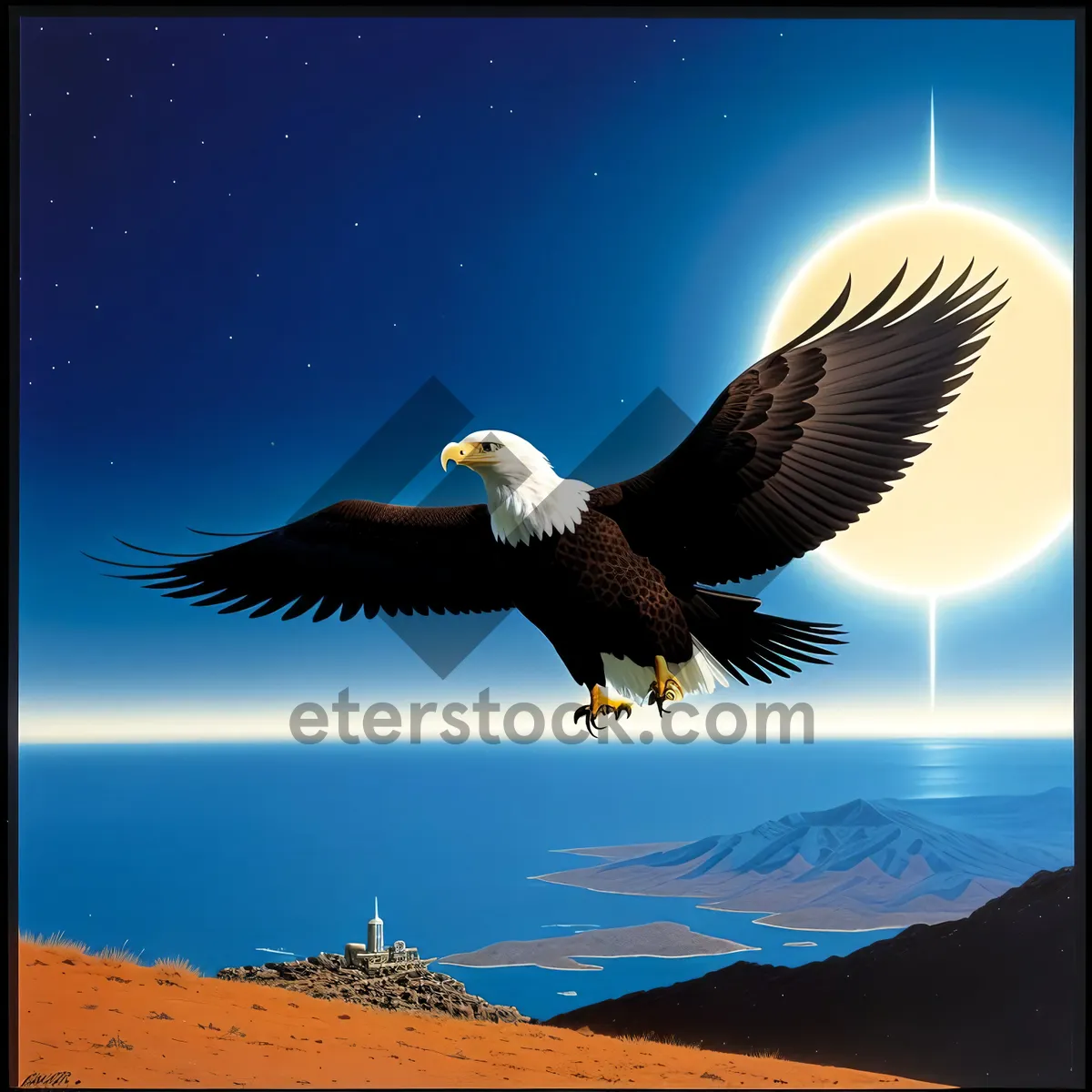 Picture of majestic bald eagle soaring through the sky