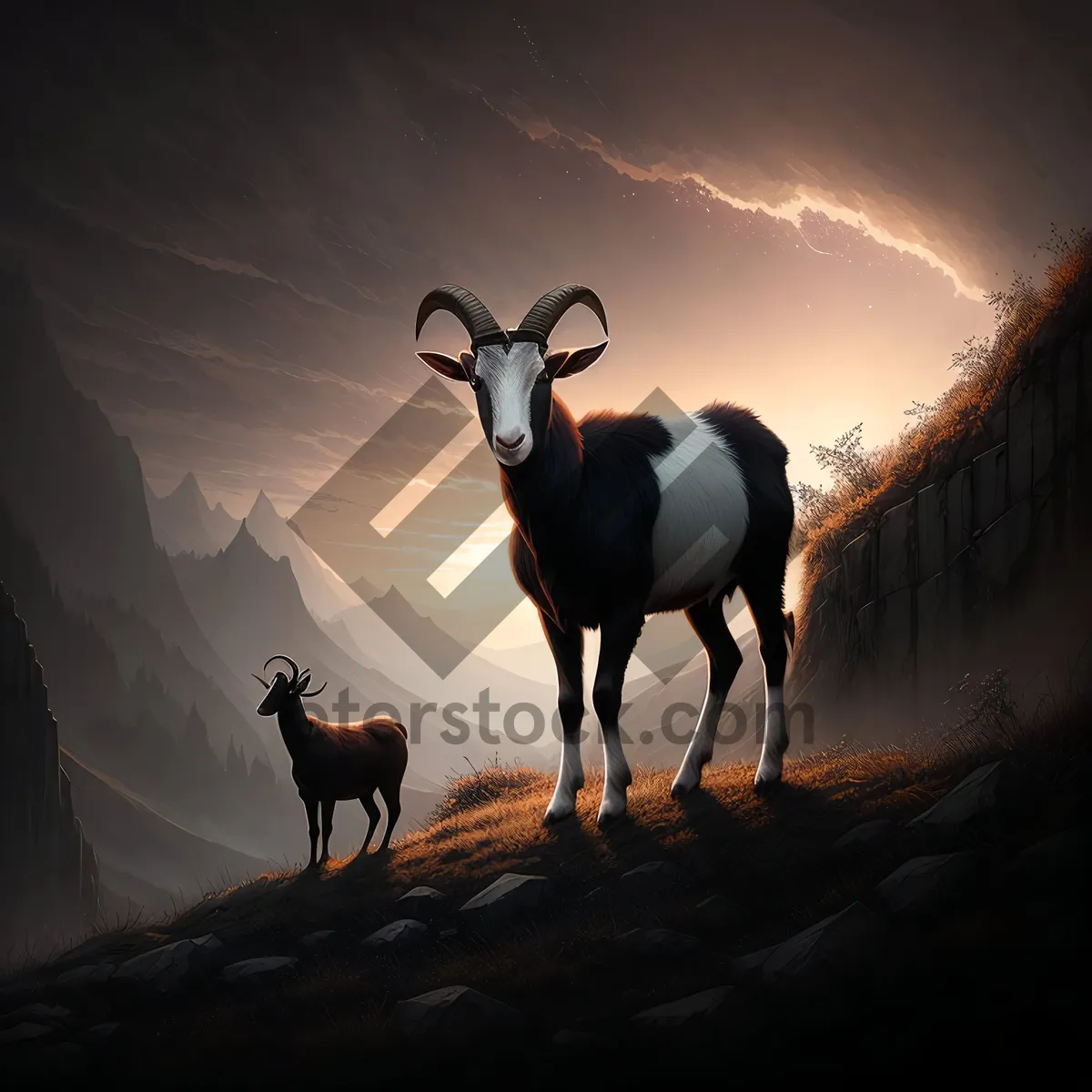 Picture of Majestic Wild Mountain Goat with Impressive Horns