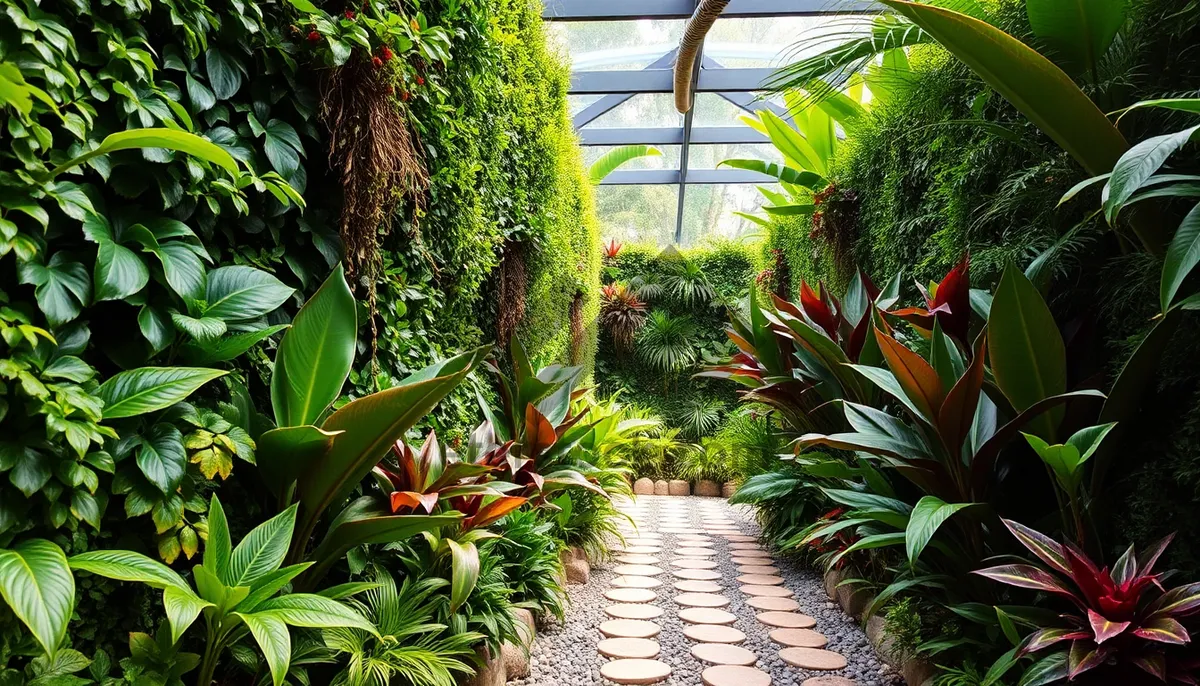 Picture of Tropical greenhouse with palm trees and flowers.