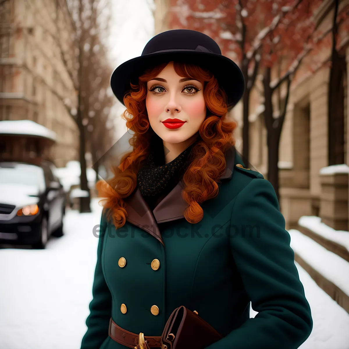 Picture of Attractive brunette model smiling in fashionable coat.