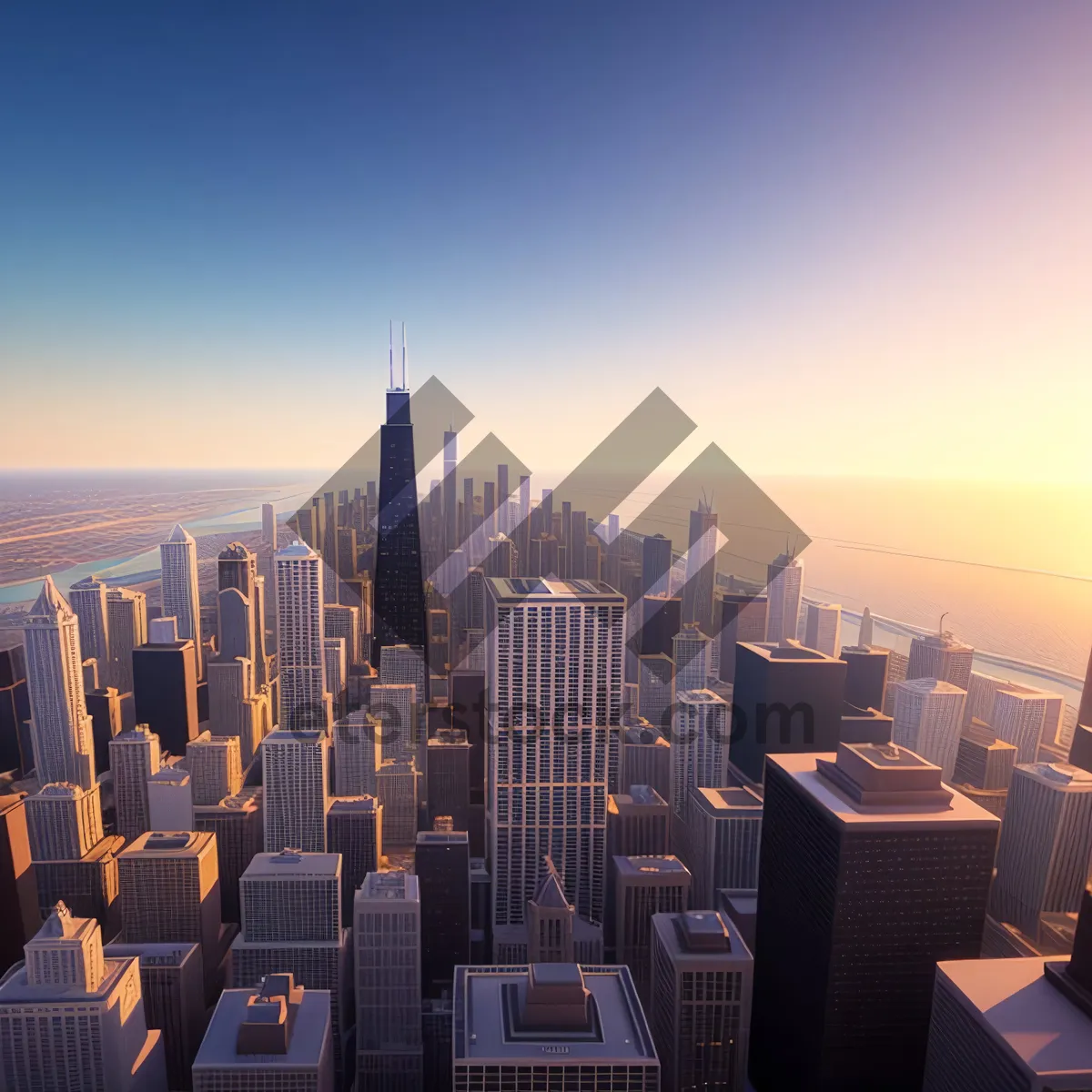 Picture of Urban Skyline at Sunset: Vibrant Cityscape with Skyscrapers and River Reflection