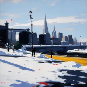 Skyline cityscape with snow-capped mountains in background.
