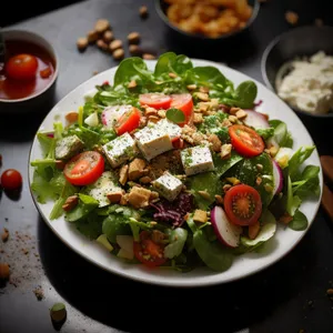 Delicious gourmet salad with fresh vegetables and cheese