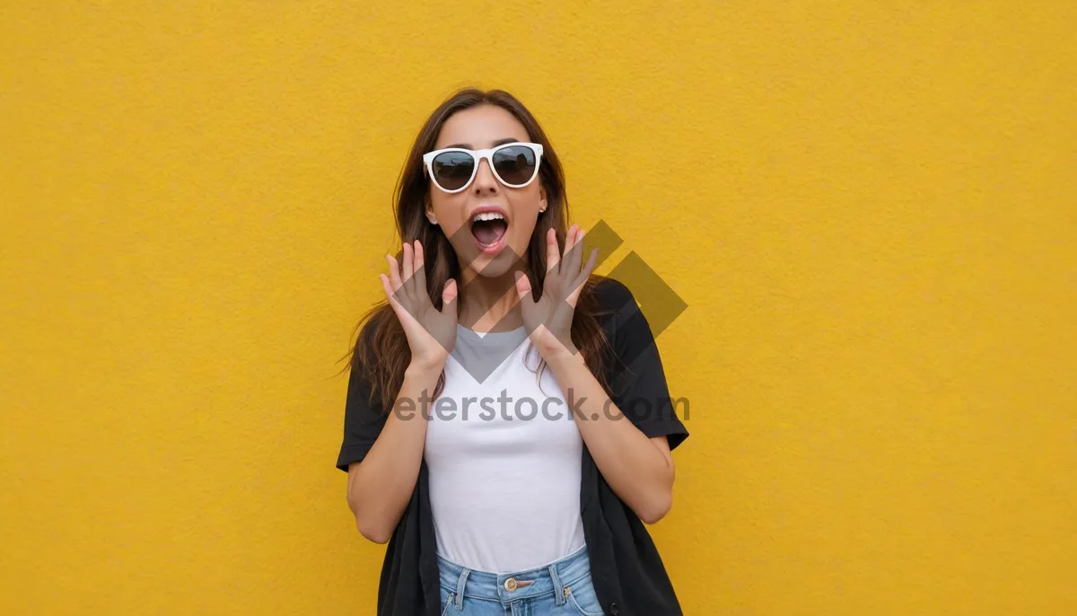 Picture of Fashion model with sunglasses posing in studio portrait.