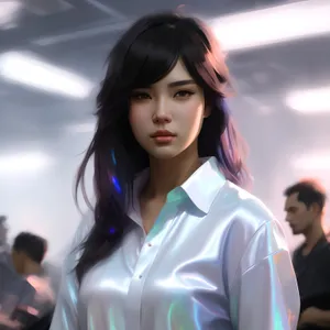 Attractive brunette businesswoman smiling in office setting.