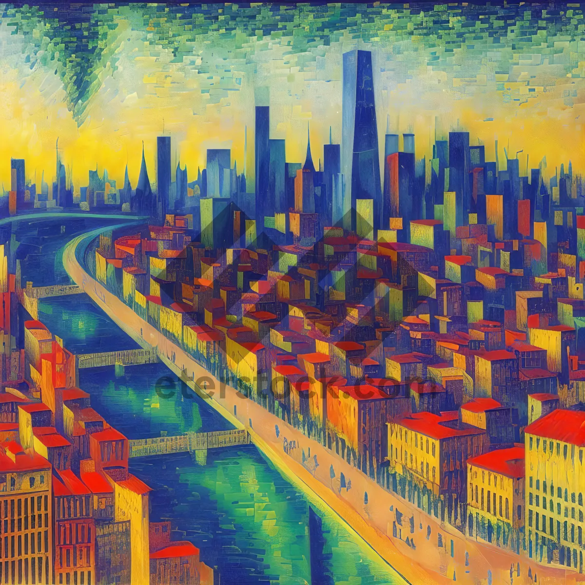 Picture of Urban Glow: Architectural Cityscape with Stylized Skyscrapers