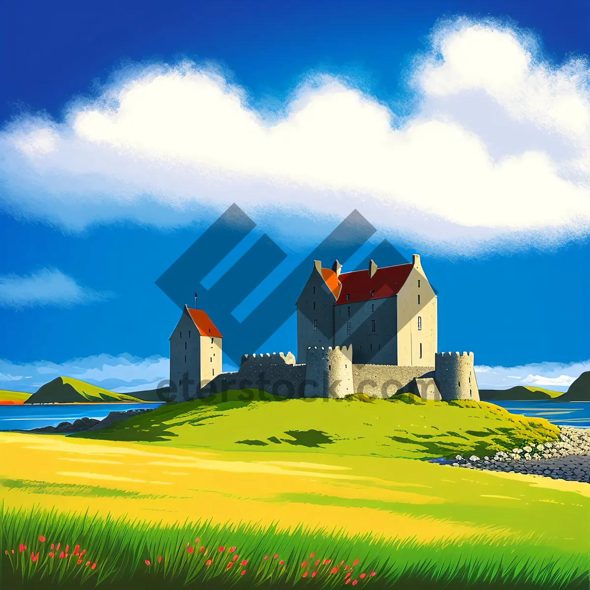 Picture of Beautiful Countryside Farm Landscape under Clear Blue Sky