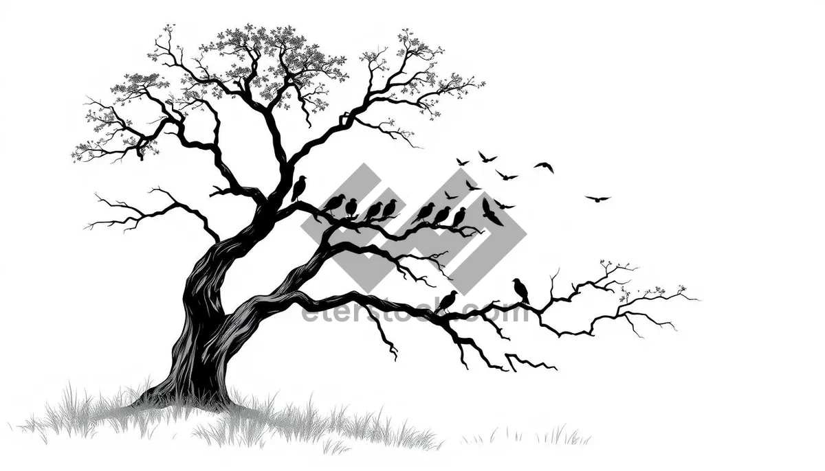 Picture of Black tree silhouette design with spring branches tracing.