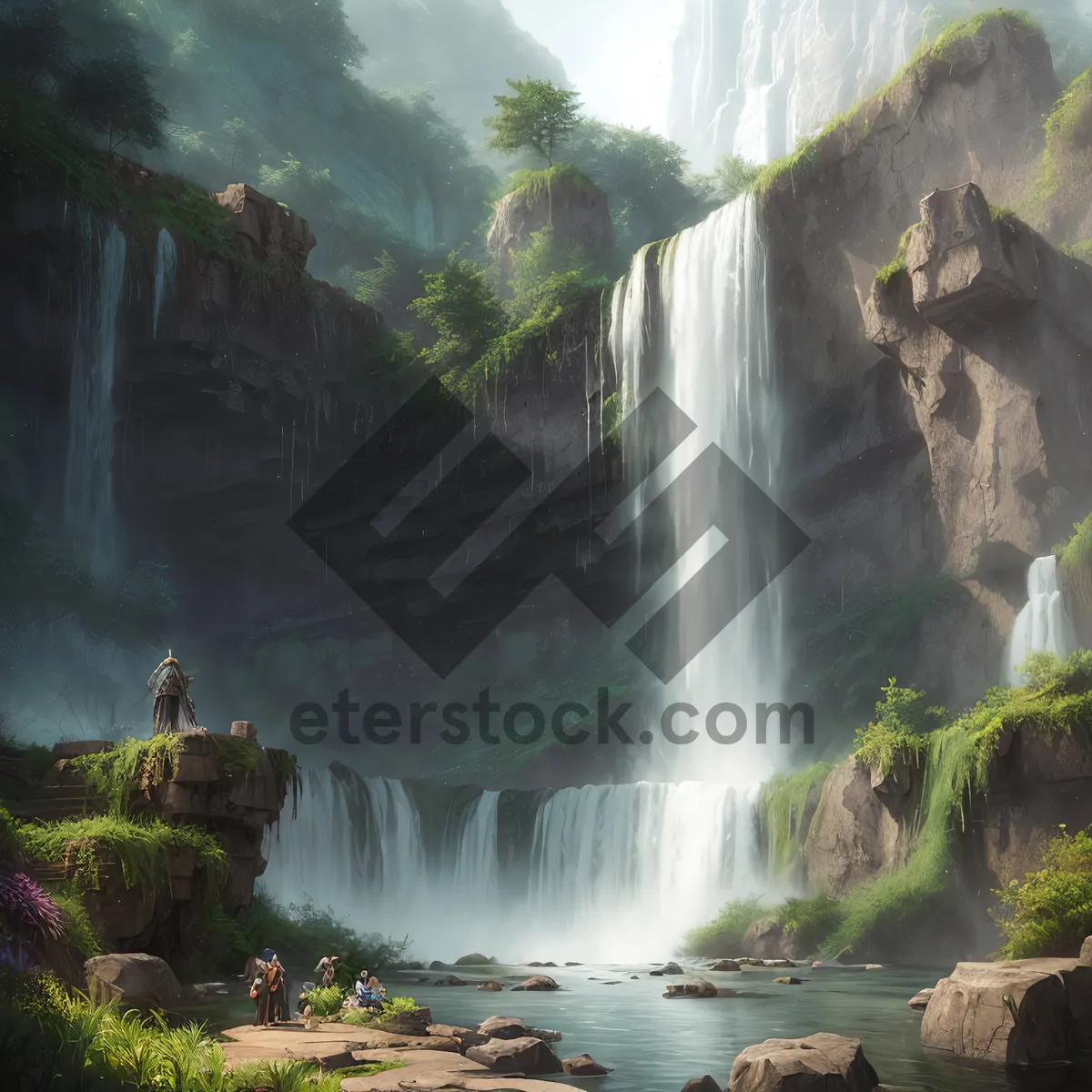 Picture of Cascading Forest Falls in Serene Landscape