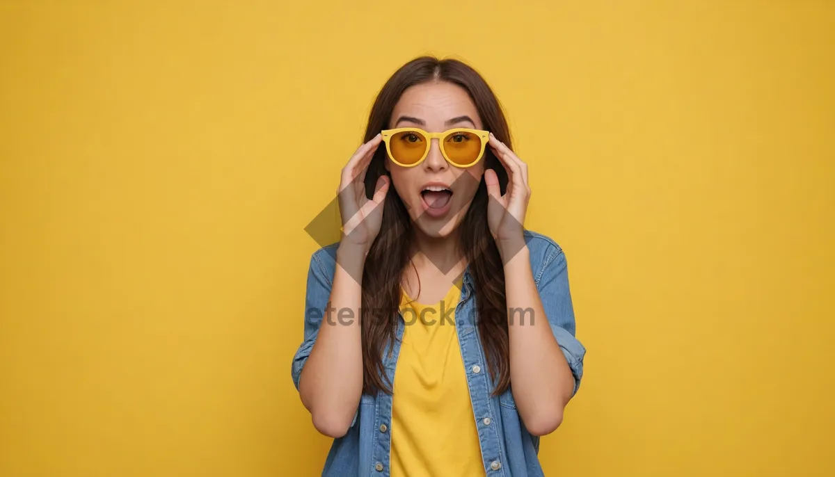 Picture of Stylish lady in sunglasses smiling in studio portrait