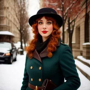 Attractive brunette model smiling in fashionable coat.